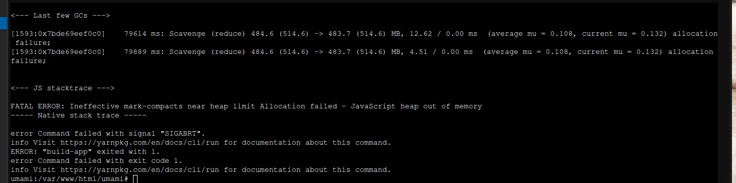 Console, displaying an error from JS about running out of memory in the HEAP, then promptly exiting the process.